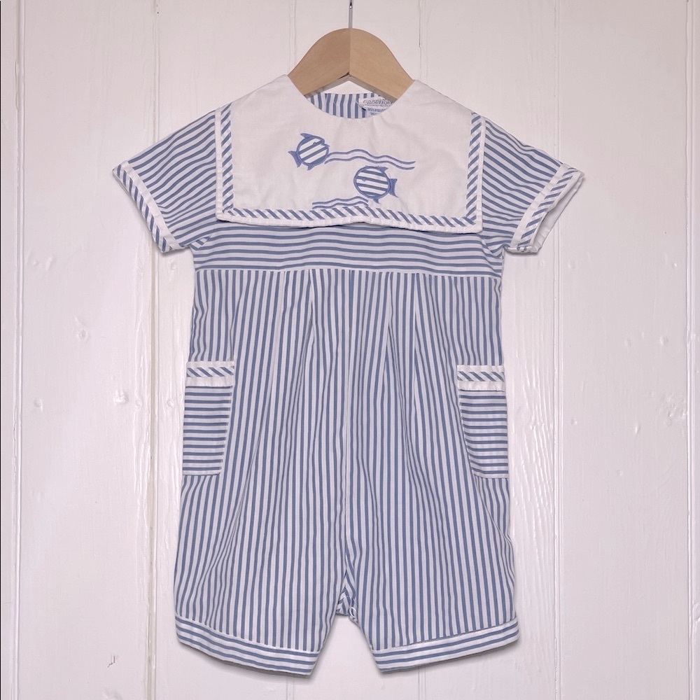 CARRIAGE BOUTIQUE EUC Classic Heirloom Embroidered Fish Collared Romper Shortall